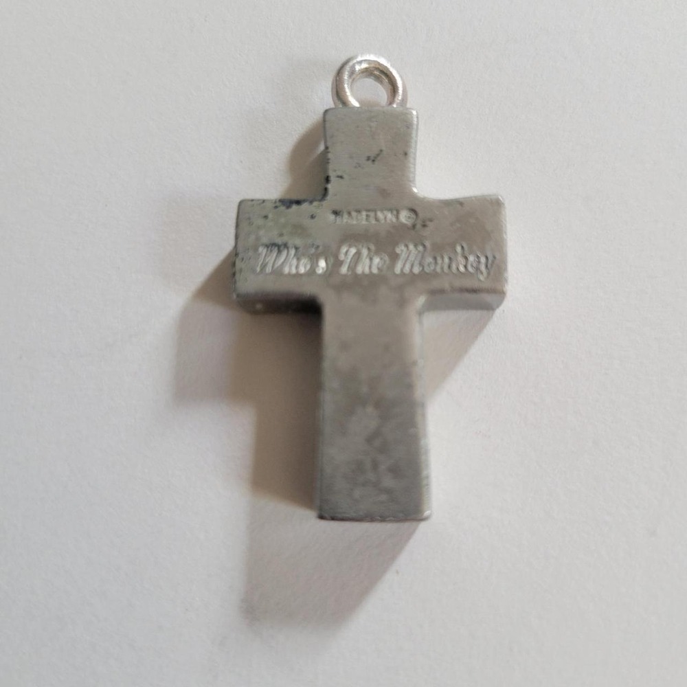 Madelyn Whos The Monkey Silver Tone Cross Pendant Charm 1.25 Inch Grunge Gothic